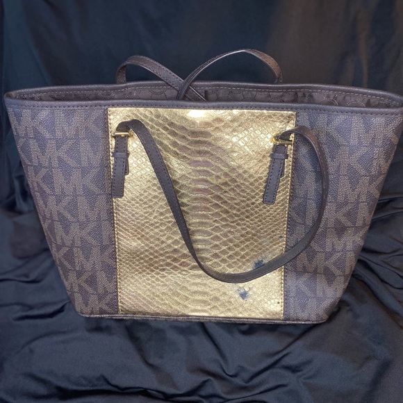 Michael Kors Brown Gold Stripe Large Fabric Tote Handbag 35t7gijt3e - Picture 2 of 4